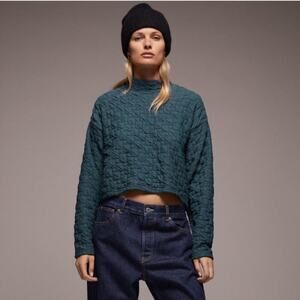 Zara Duck Blue High Collar Textured Long Sleeves Cropped Quilted Sweatshirt M